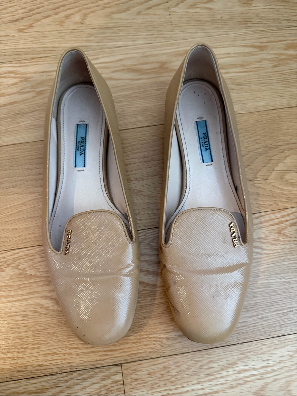 Prada Saffiano Leather Beige Slip-On Loafers with Gold Logo 38